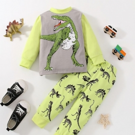 Baby Gutter Pyjamas Dinosaur Print Rundhals Langermet Topp Og Buksesett
