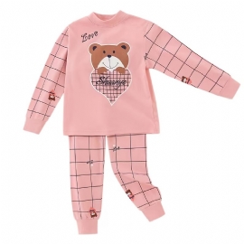 Baby Jenter Pyjamas Familieantrekk Bear Heart Print Rund Hals Langermet Topp Og Rutete Buksesett Barneklær