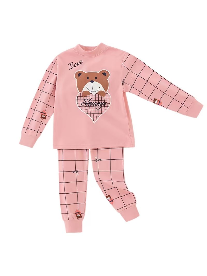 Baby Jenter Pyjamas Familieantrekk Bear Heart Print Rund Hals Langermet Topp Og Rutete Buksesett Barneklær