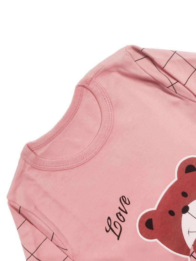 Baby Jenter Pyjamas Familieantrekk Bear Heart Print Rund Hals Langermet Topp Og Rutete Buksesett Barneklær