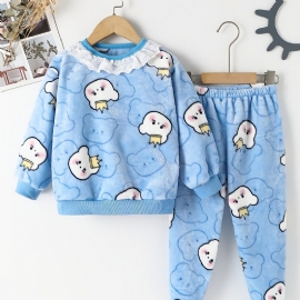 Baby Jenter Pyjamas Set Plysj Topper & Bukser Sett Med Bjørn Print For Vinter Nytt