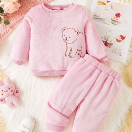 Baby Jenter Søt Pyjamas Sett Med Fleece Termisk Bjørn Print Pullover Topp Og Bukser Til Vinter Hjem