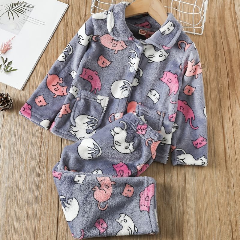 Baby Jenter Tykket Varm Flanell Pyjamas Familieantrekk Søte Dyr Print Langermet Knapp Topp Og Buksesett Barneklær