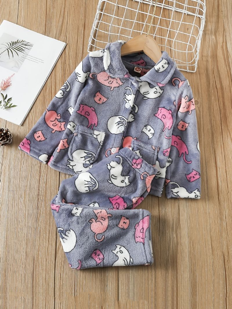 Baby Jenter Tykket Varm Flanell Pyjamas Familieantrekk Søte Dyr Print Langermet Knapp Topp Og Buksesett Barneklær