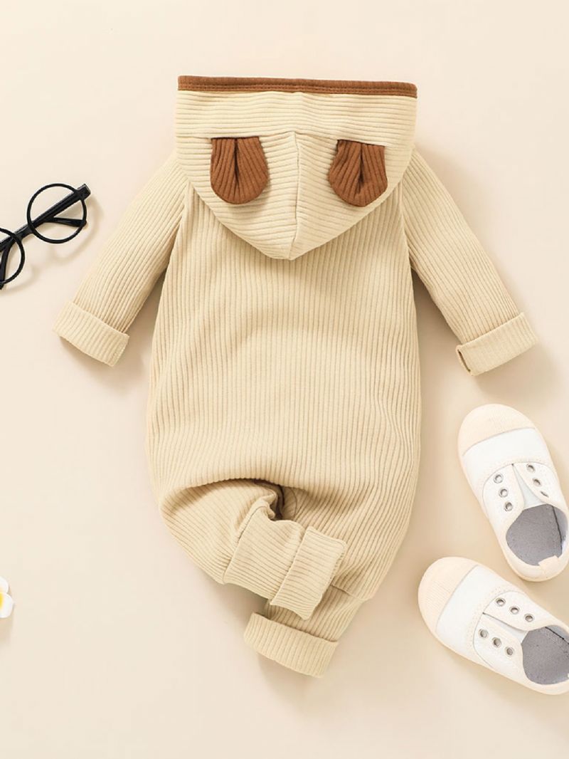 Baby Ribbete Hette Jumpsuit Ensfarget Pyjamas Bodysuit Loose Fit Høst Vinter Antrekk Klær