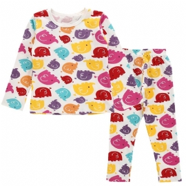 Barn Gutter Pyjamas Animal Tegneserie Print Rundhals Langermet Buksesett