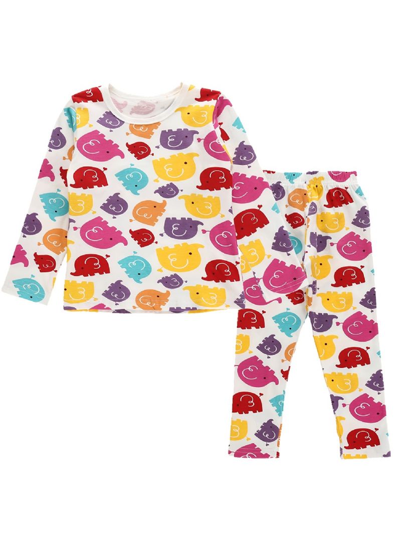 Barn Gutter Pyjamas Animal Tegneserie Print Rundhals Langermet Buksesett