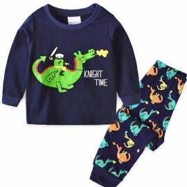 Barn Gutter Pyjamas Tegneserie Dinosaur Print Rundhals Langermet Topp Og Buksesett