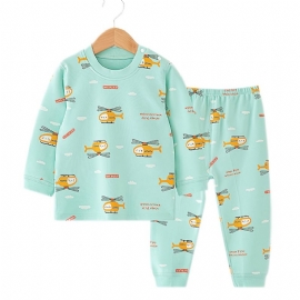 Barn Gutter Pyjamas Tegneserie Print Rundhals Langermet Topp & Buksesett