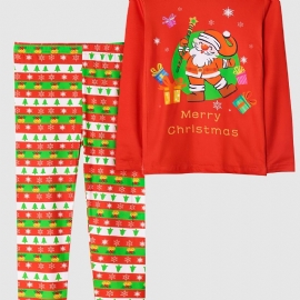 Barn Jenter Christmas Pyjamas Julenissen Gave Print Rundhals Langermet Bukser Set