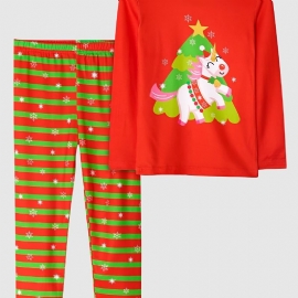 Barn Jenter Pyjamas Juletretrykk Unicorn Rundhals Langermet Topp- Og Stripebuksesett