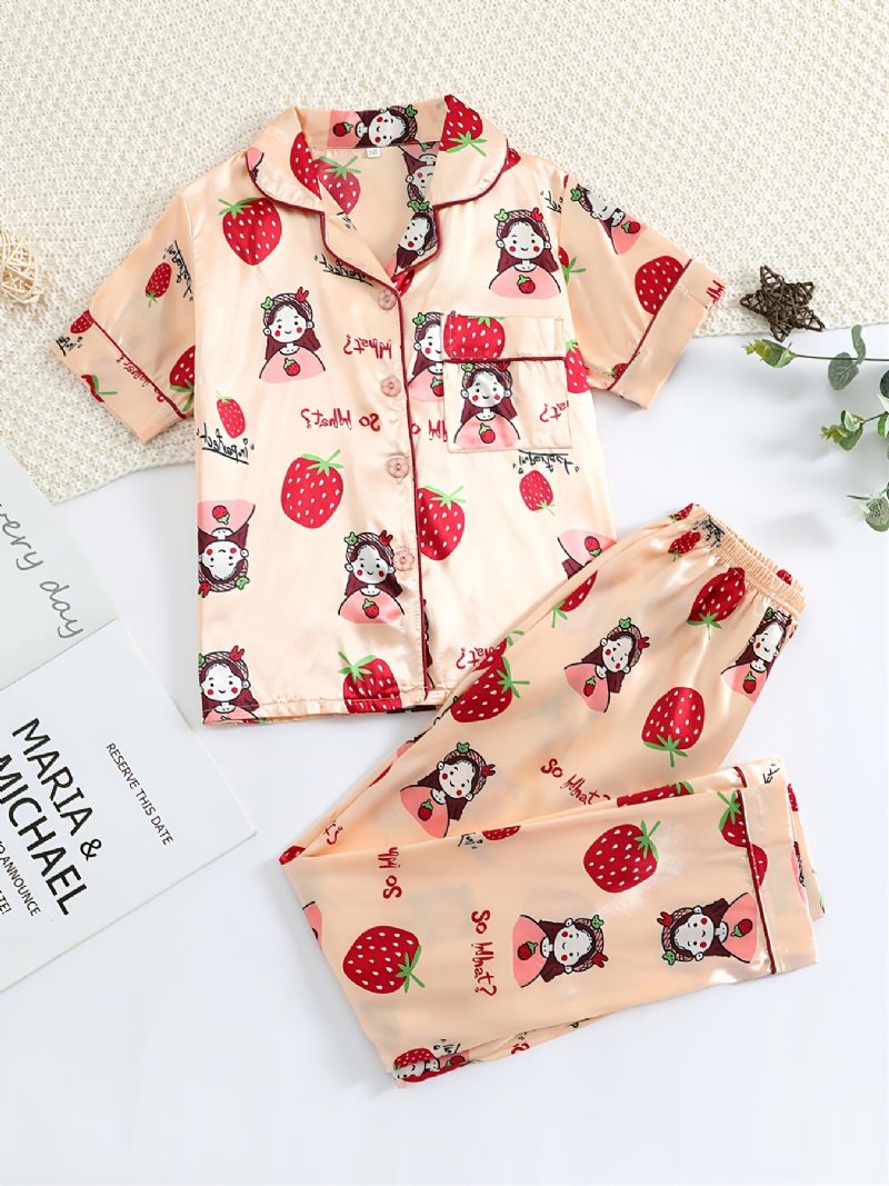 Barn Jenter Søt Tegneseriejente Jordbærmønster Button Down Skjortebukser Pyjamassett
