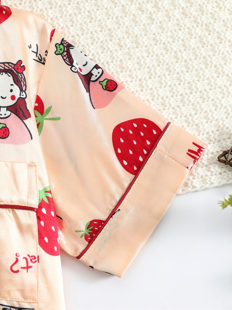 Barn Jenter Søt Tegneseriejente Jordbærmønster Button Down Skjortebukser Pyjamassett