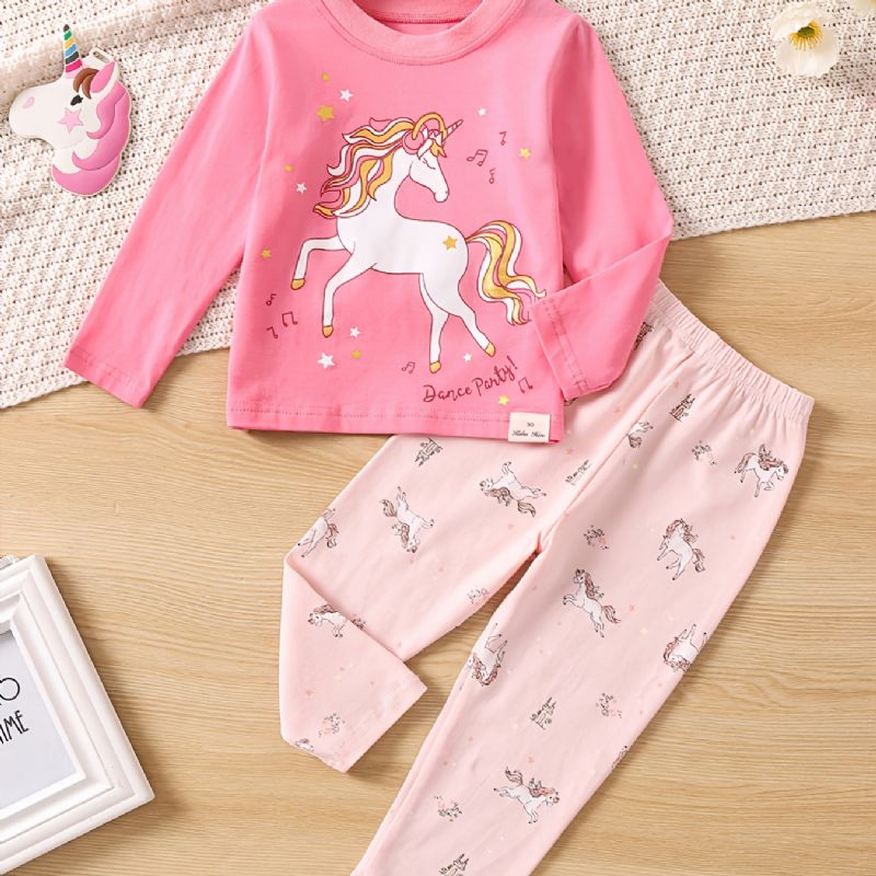 Barn Søt Unicorn Print Crew Neck Top Langermet Bukser Pyjamas Set