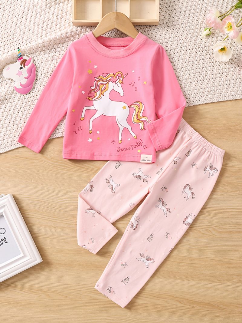 Barn Søt Unicorn Print Crew Neck Top Langermet Bukser Pyjamas Set