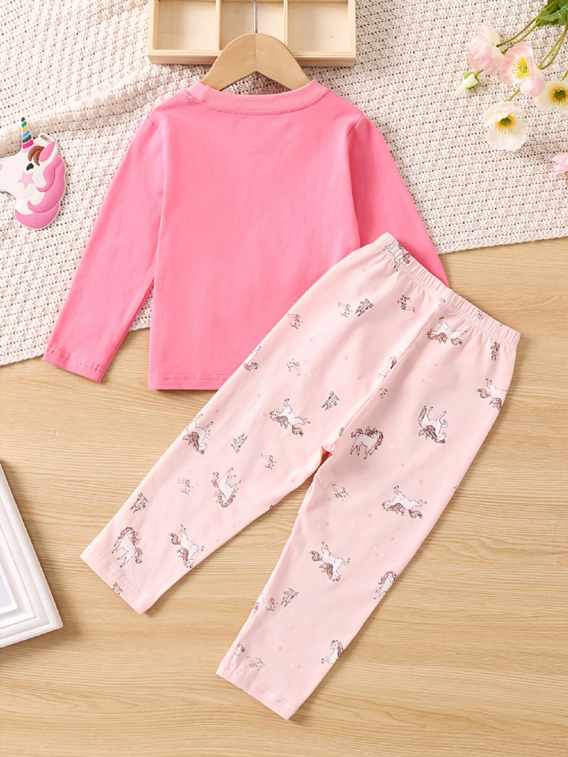 Barn Søt Unicorn Print Crew Neck Top Langermet Bukser Pyjamas Set