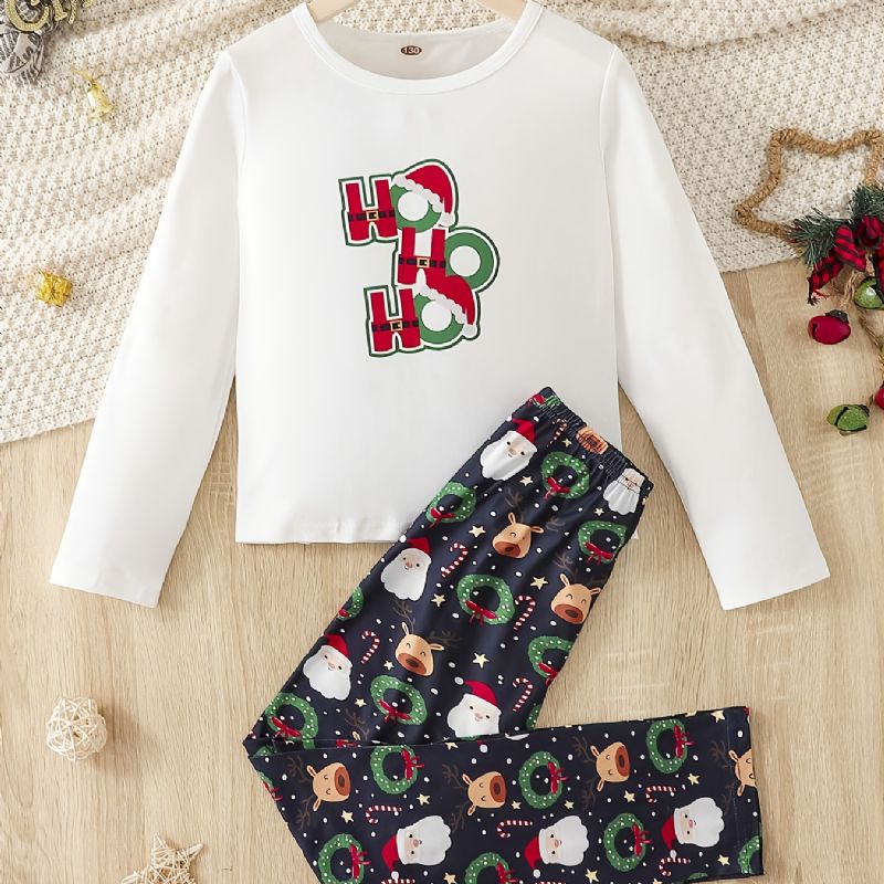 Christmas Jenter Letter Santa Claus Elk Print Rundhals Langermet Pyjamassett