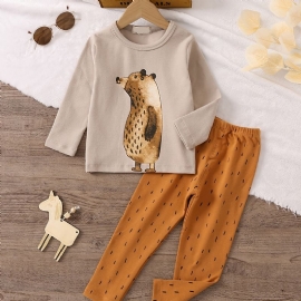 Gutter Casual Cartoon Animal Print Pyjamas Sett Med Pullover Langermet Topp & Buksesett