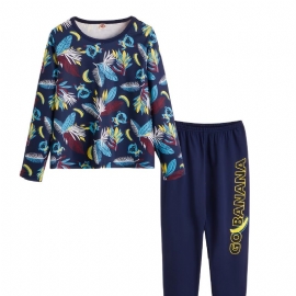 Gutter Casual Crew Neck Animal Feather Print Pyjamas Set