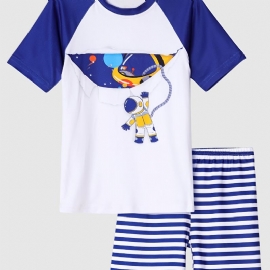Gutter Pyjamas Familieantrekk Astronaut Print Rund Hals Kortermet T-skjorte Og Shortssett Barneklær