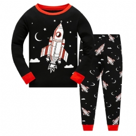 Gutter Pyjamas Rocket Print Glow-in-the-mørket Rundhals Langermet Topp Og Buksesett