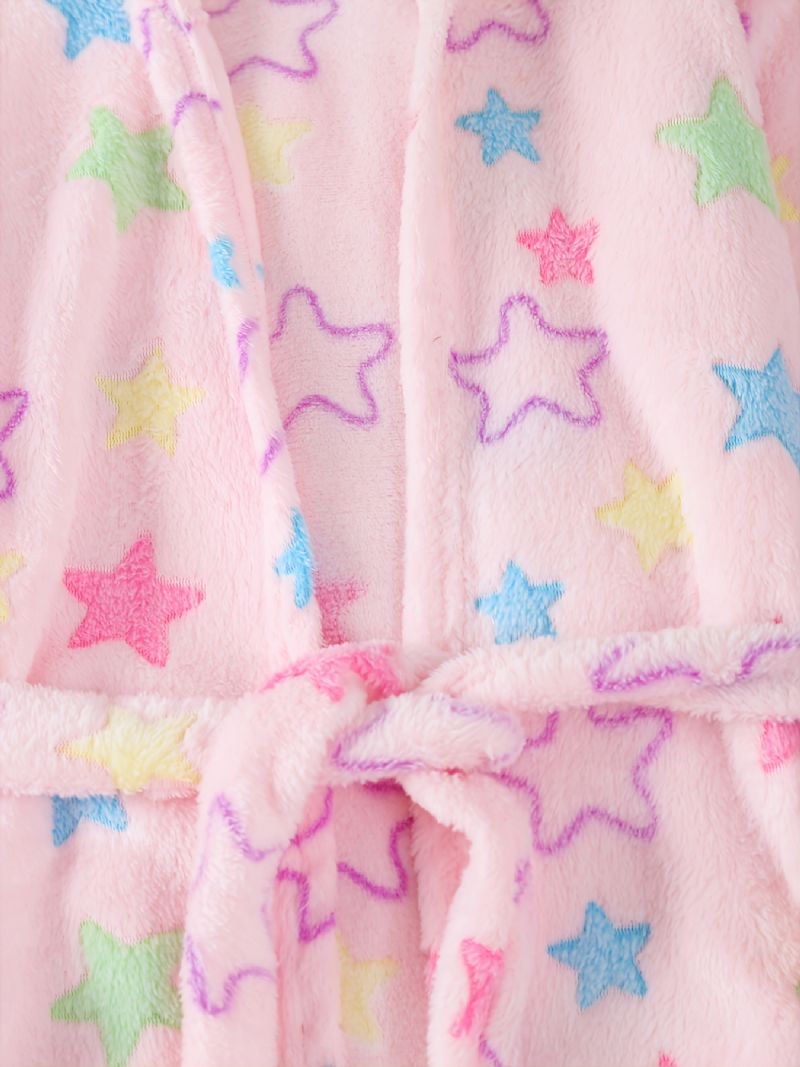 Hettebadekåpe For Jenter Stjernemønster Myk Varm Flanell Pyjamas Med Belte Vinterklær For Barn