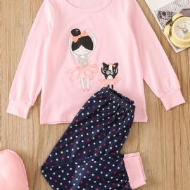 Jente Rosa Rundhals Langermet Ballerina Topp & Polka Dot Pants Pyjamassett 2stk