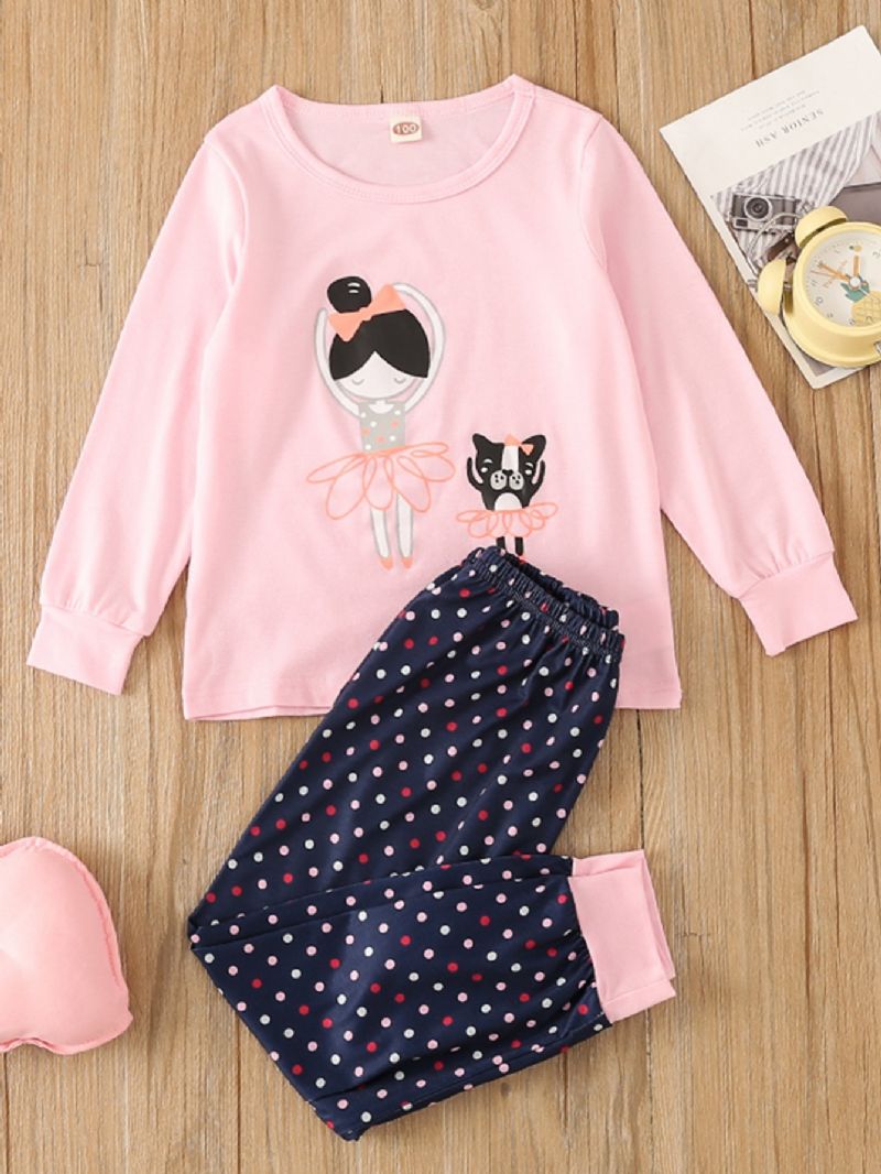 Jente Rosa Rundhals Langermet Ballerina Topp & Polka Dot Pants Pyjamassett 2stk