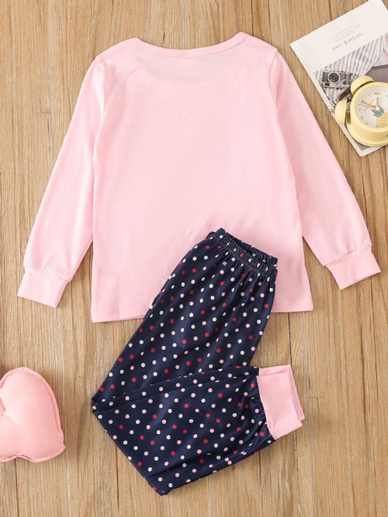 Jente Rosa Rundhals Langermet Ballerina Topp & Polka Dot Pants Pyjamassett 2stk