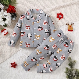 Jenter Casual Cartoon Print Pyjamassett Med Lapelskjorte Og Bukser Til Julefest