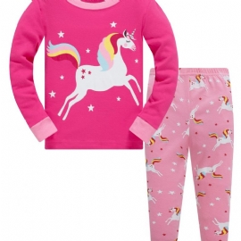 Jenter Color Unicorn Cartoon Animal Langermet Pysjamassett