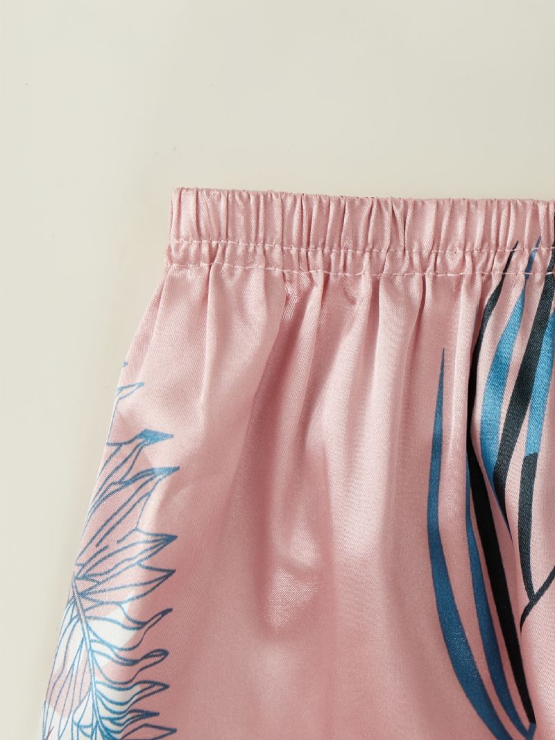 Jenter Elegant Faux Silk Pyjamas Sett Med Blad Print V-hals Topp & Bukser Til Hjemmet