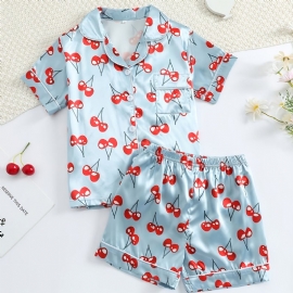 Jenter Kortermet Shorts Blått Stoff Cherry Print Uformell Pyjamas Todelt Sett