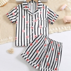 Jenter Lip Print Straip Button Front Satin Pyjamas Set