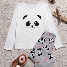 Jenter Panda Print Langermet Topp + Bukser Pyjamas Set Barneklær