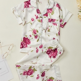 Jenter Pyjamas Familieantrekk Blomster Print Lapel Kortermet Topp & Buksesett Barneklær