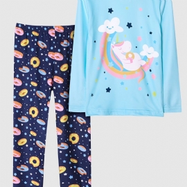 Jenter Pyjamas Unicorn Moon Print Rundhals Langermet Topp & Buksesett