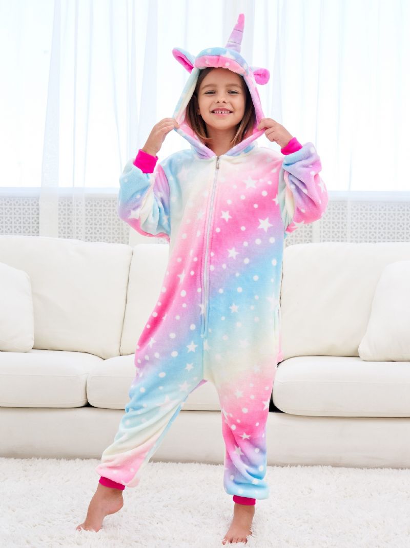 Jenter Søt Fleece Thermal Rainbow Unicorn Hettepyjamas For Hjemmefest