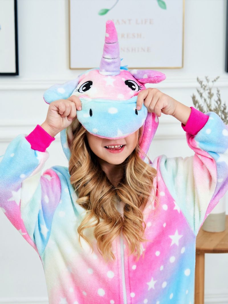 Jenter Søt Fleece Thermal Rainbow Unicorn Hettepyjamas For Hjemmefest