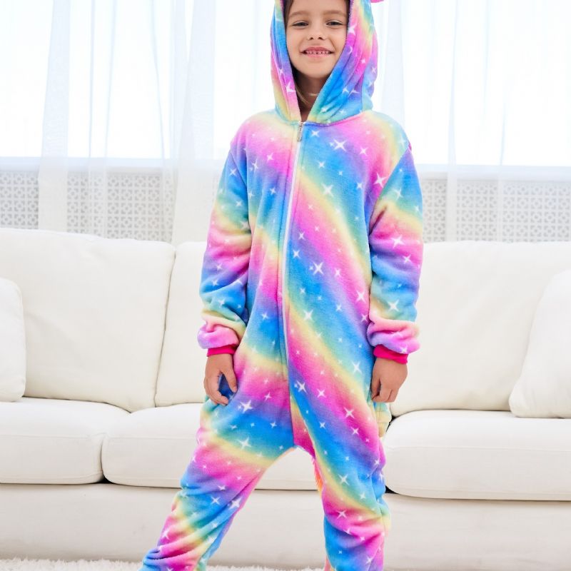 Jenter Søt Fleece Thermal Rainbow Unicorn Hettepysjamas For Hjemmefest Barneklær