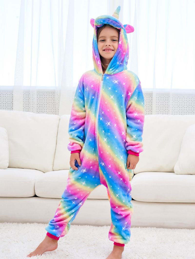 Jenter Søt Fleece Thermal Rainbow Unicorn Hettepysjamas For Hjemmefest Barneklær