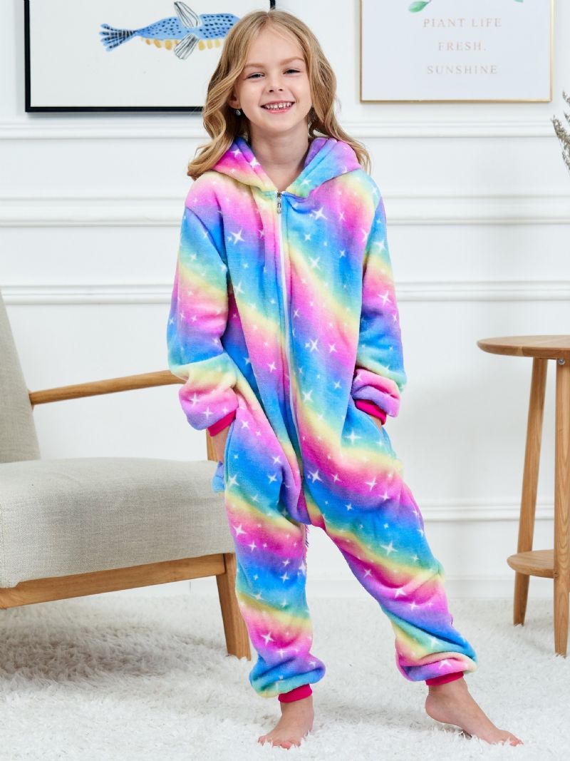 Jenter Søt Fleece Thermal Rainbow Unicorn Hettepysjamas For Hjemmefest Barneklær