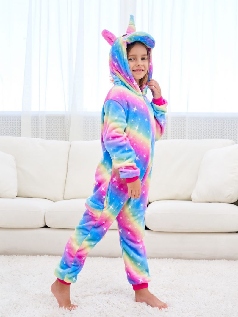 Jenter Søt Fleece Thermal Rainbow Unicorn Hettepysjamas For Hjemmefest Barneklær