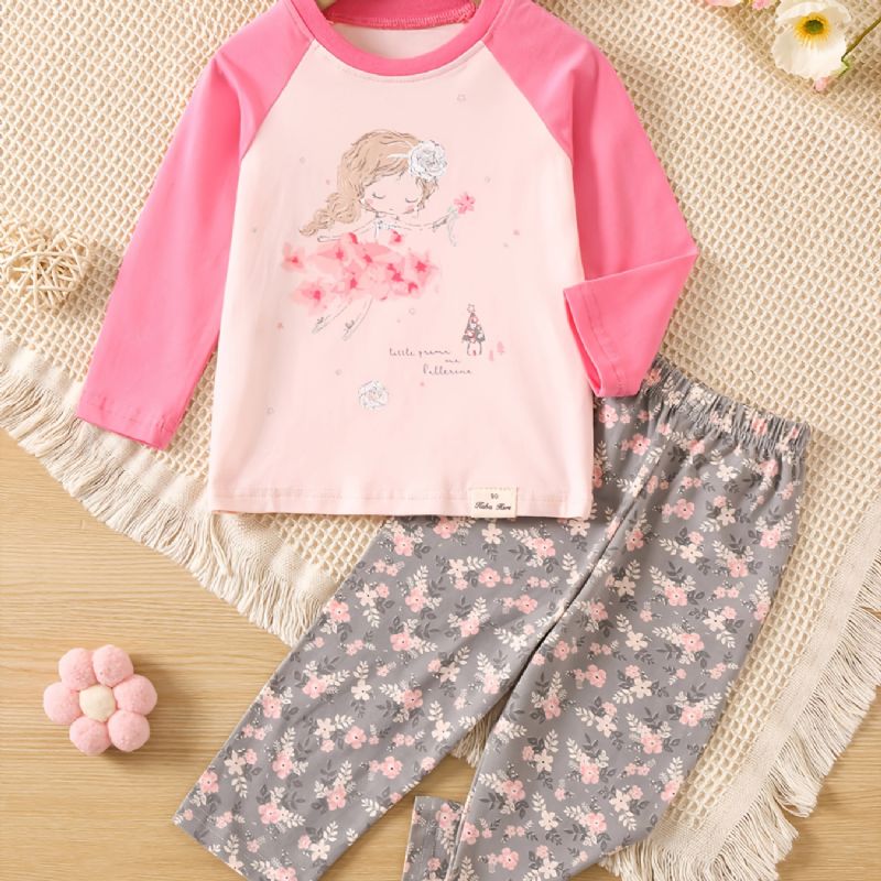 Jenter Søt Print Langermet Crew Neck Topp Floral Pants Pyjamas Set