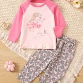 Jenter Søt Print Langermet Crew Neck Topp Floral Pants Pyjamas Set