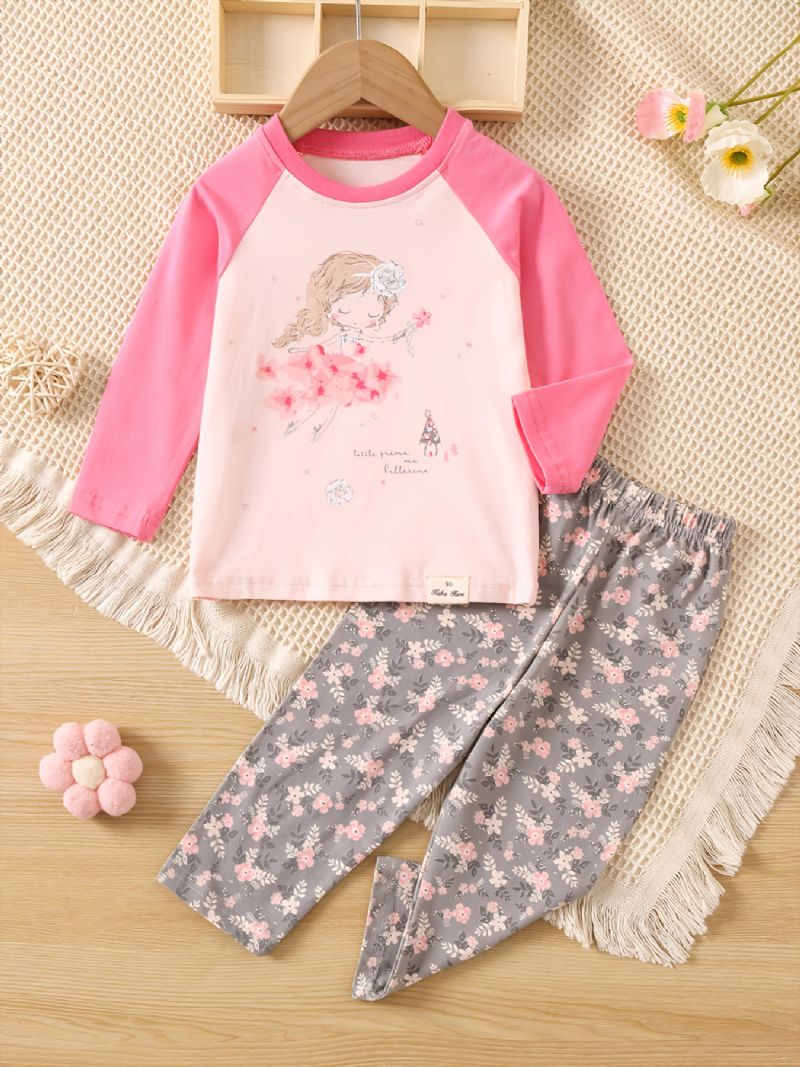 Jenter Søt Print Langermet Crew Neck Topp Floral Pants Pyjamas Set