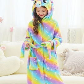 Jenter Unicorn Hette Flanell Badekåpe Bright Rainbow Plysj Varm Pyjamas Hjemmeantrekk Med Lomme Vinter