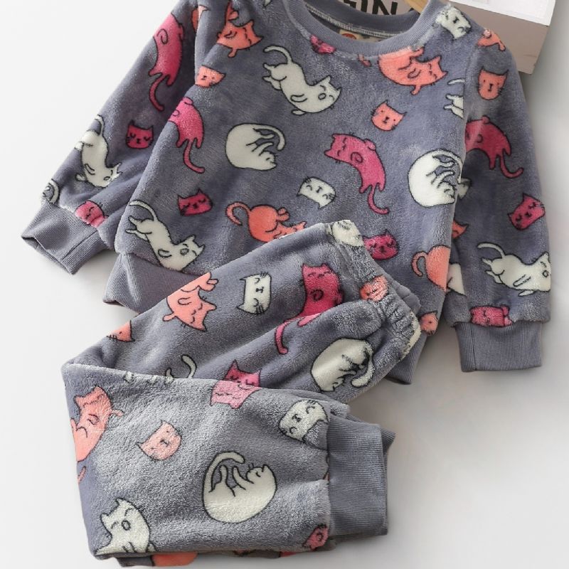 Kids Cute Kitty Langermet Fleece Pyjamas Set