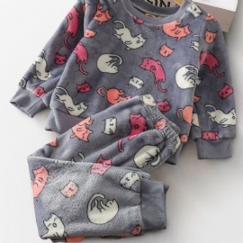 Kids Cute Kitty Langermet Fleece Pyjamas Set