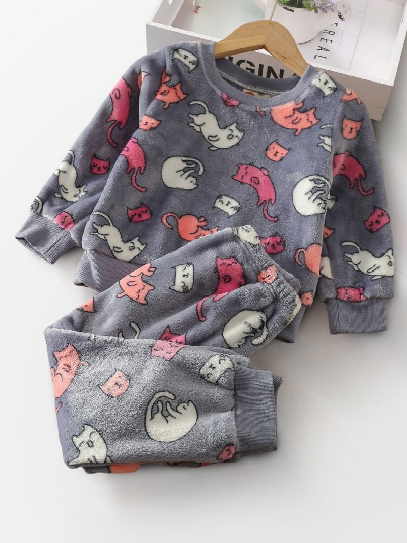 Kids Cute Kitty Langermet Fleece Pyjamas Set